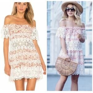 For Love & Lemons Cadence Off The Shoulder Lace Mini Dress Ivory Floral L